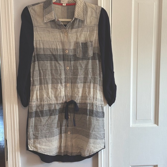 9-H15 STCL Postage Womens Small Shirt Dress Linen Blend Blue Striped Long Sleeve - Picture 1 of 7
